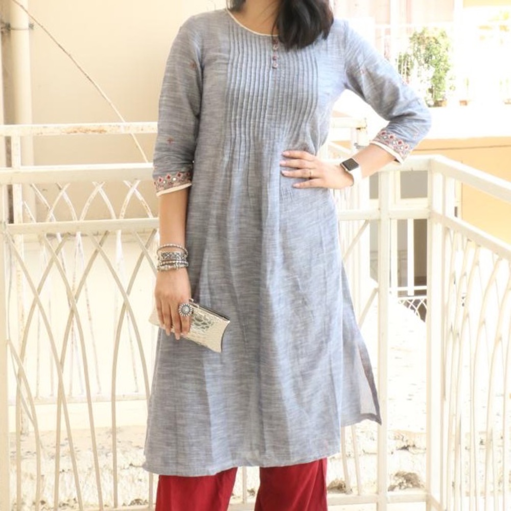 Fabindia New soft cotton Gray with Embroidered Indian Pakistani Long kurta
